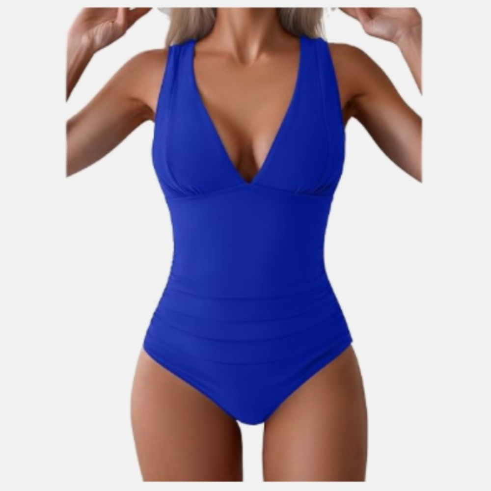 Deep V One-Piece Swimsuit — Royal Blue
